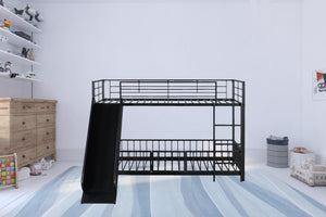 HomeRoots Black Twin Over Twin Metal Bunk Bed with Fun Slide - Sturdy Design, Modern Style & Safety Features! 590394