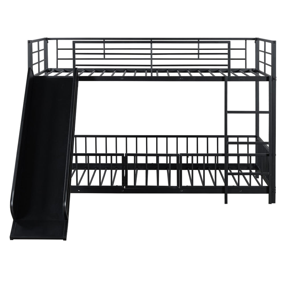 HomeRoots Black Twin Over Twin Metal Bunk Bed with Fun Slide - Sturdy Design, Modern Style & Safety Features! 590394