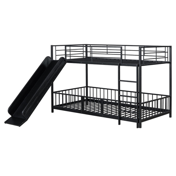 HomeRoots Black Twin Over Twin Metal Bunk Bed with Fun Slide - Sturdy Design, Modern Style & Safety Features! 590394