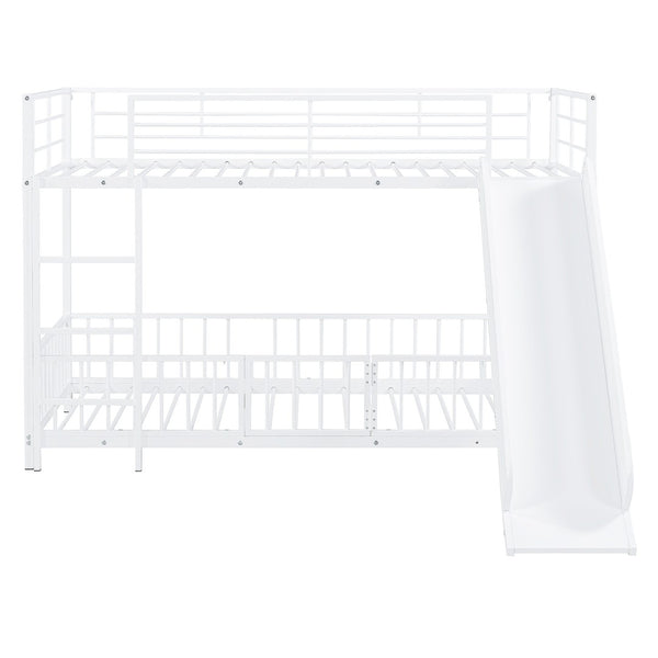 HomeRoots White Twin Over Twin Metal Bunk Bed with Fun Slide – Space-Saving, Stylish & Safe for Kids' Rooms! 590395