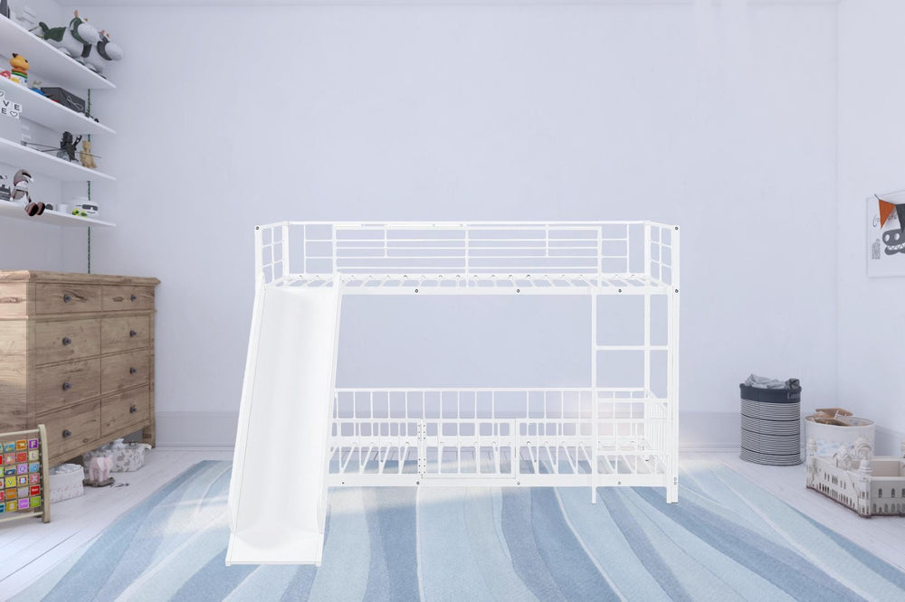 HomeRoots White Twin Over Twin Metal Bunk Bed with Fun Slide – Space-Saving, Stylish & Safe for Kids' Rooms! 590395