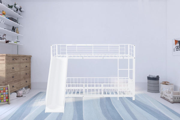 HomeRoots White Twin Over Twin Metal Bunk Bed with Fun Slide – Space-Saving, Stylish & Safe for Kids' Rooms! 590395