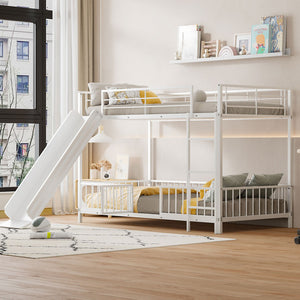 HomeRoots White Twin Over Twin Metal Bunk Bed with Fun Slide – Space-Saving, Stylish & Safe for Kids' Rooms! 590395