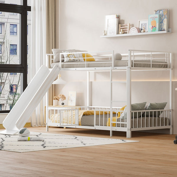 HomeRoots White Twin Over Twin Metal Bunk Bed with Fun Slide – Space-Saving, Stylish & Safe for Kids' Rooms! 590395