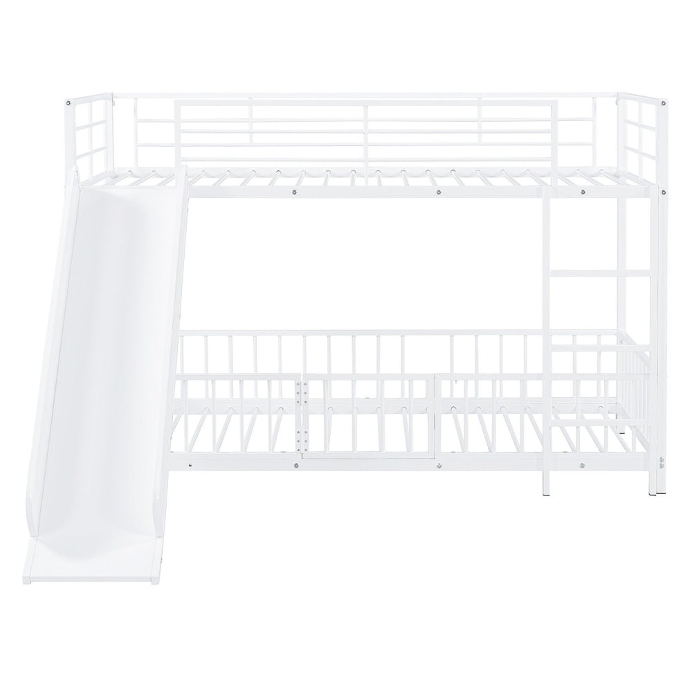 HomeRoots White Twin Over Twin Metal Bunk Bed with Fun Slide – Space-Saving, Stylish & Safe for Kids' Rooms! 590395