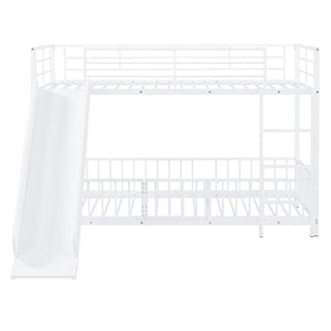 HomeRoots White Twin Over Twin Metal Bunk Bed with Fun Slide – Space-Saving, Stylish & Safe for Kids' Rooms! 590395