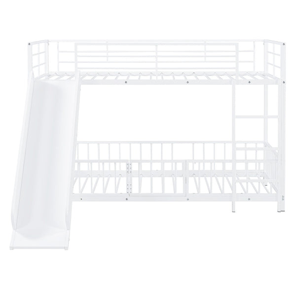 HomeRoots White Twin Over Twin Metal Bunk Bed with Fun Slide – Space-Saving, Stylish & Safe for Kids' Rooms! 590395