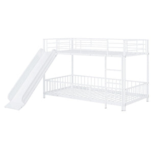 HomeRoots White Twin Over Twin Metal Bunk Bed with Fun Slide – Space-Saving, Stylish & Safe for Kids' Rooms! 590395