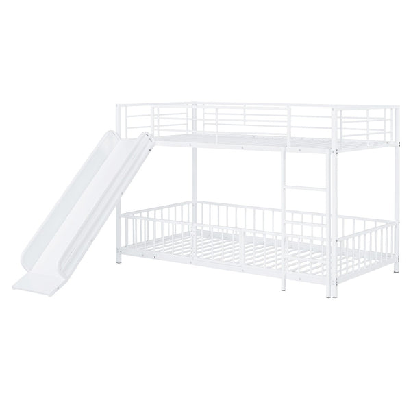 HomeRoots White Twin Over Twin Metal Bunk Bed with Fun Slide – Space-Saving, Stylish & Safe for Kids' Rooms! 590395