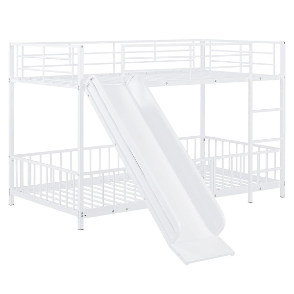 HomeRoots White Twin Over Twin Metal Bunk Bed with Fun Slide – Space-Saving, Stylish & Safe for Kids' Rooms! 590395