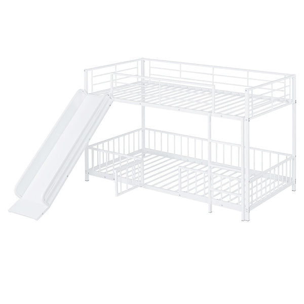 HomeRoots White Twin Over Twin Metal Bunk Bed with Fun Slide – Space-Saving, Stylish & Safe for Kids' Rooms! 590395