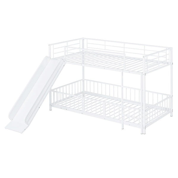 HomeRoots White Twin Over Twin Metal Bunk Bed with Fun Slide – Space-Saving, Stylish & Safe for Kids' Rooms! 590395