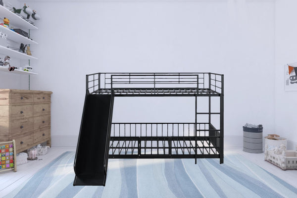 HomeRoots Black Full Over Full Metal Bunk Bed with Playful Slide - Sturdy, Modern Design for Kids' Rooms 590396