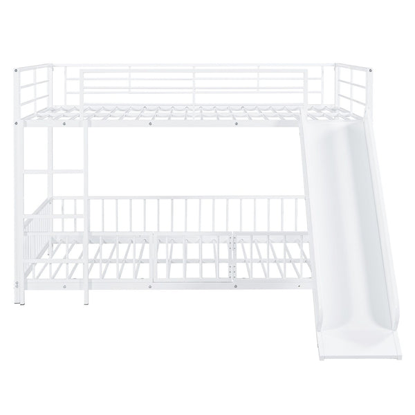 HomeRoots White Full Over Full Metal Bunk Bed with Slide - Modern Design, Safety Features & Fun Play Space! 590397