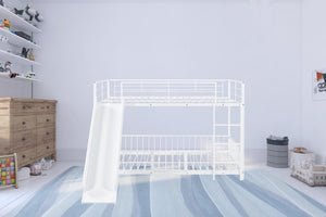 HomeRoots White Full Over Full Metal Bunk Bed with Slide - Modern Design, Safety Features & Fun Play Space! 590397