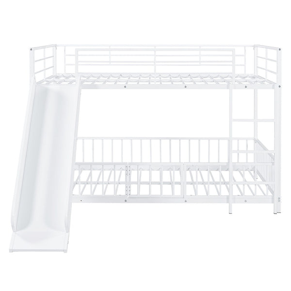 HomeRoots White Full Over Full Metal Bunk Bed with Slide - Modern Design, Safety Features & Fun Play Space! 590397