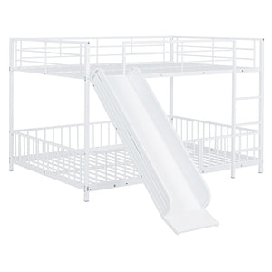 HomeRoots White Full Over Full Metal Bunk Bed with Slide - Modern Design, Safety Features & Fun Play Space! 590397
