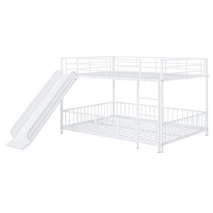 HomeRoots White Full Over Full Metal Bunk Bed with Slide - Modern Design, Safety Features & Fun Play Space! 590397