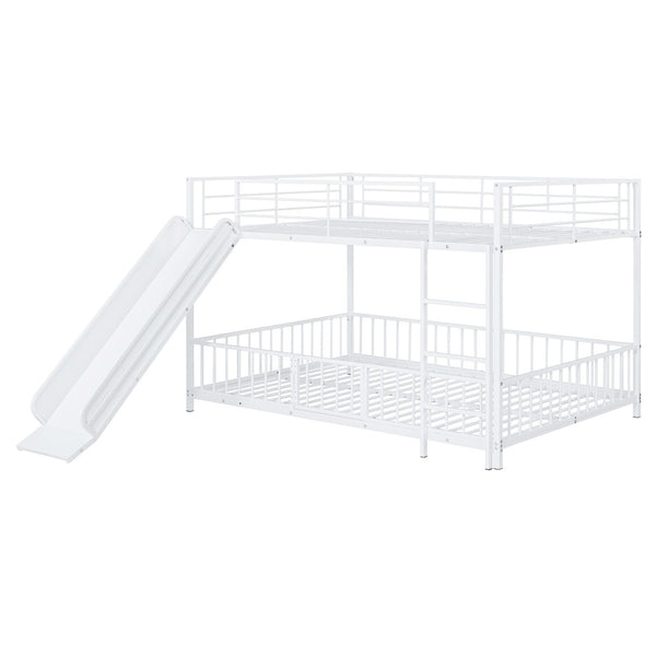 HomeRoots White Full Over Full Metal Bunk Bed with Slide - Modern Design, Safety Features & Fun Play Space! 590397