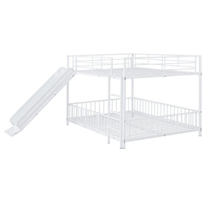 HomeRoots White Full Over Full Metal Bunk Bed with Slide - Modern Design, Safety Features & Fun Play Space! 590397