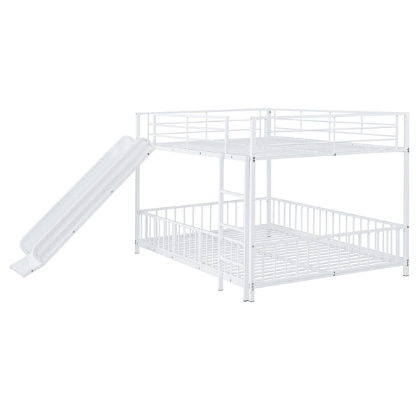 HomeRoots White Full Over Full Metal Bunk Bed with Slide - Modern Design, Safety Features & Fun Play Space! 590397