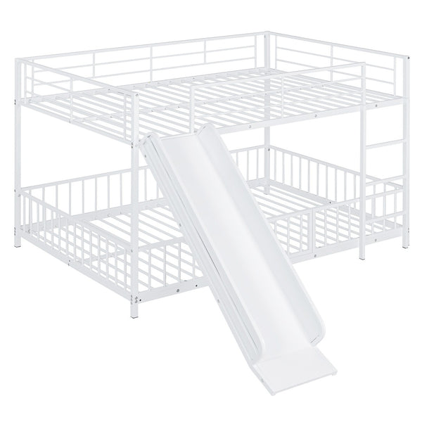 HomeRoots White Full Over Full Metal Bunk Bed with Slide - Modern Design, Safety Features & Fun Play Space! 590397
