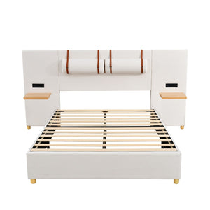 HomeRoots Beige Tufted Upholstered Full Bed Frame with USB Charging, Elegant Design, and Sturdy Support System 590398