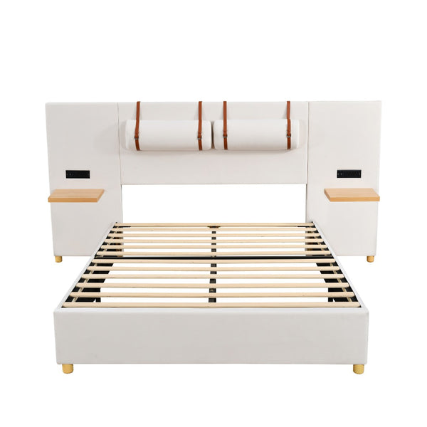 HomeRoots Beige Tufted Upholstered Full Bed Frame with USB Charging, Elegant Design, and Sturdy Support System 590398