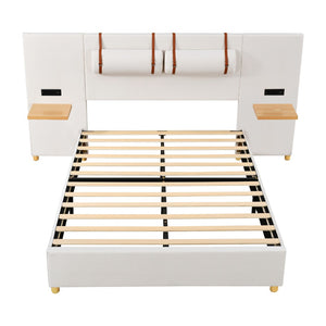 HomeRoots Beige Tufted Upholstered Full Bed Frame with USB Charging, Elegant Design, and Sturdy Support System 590398