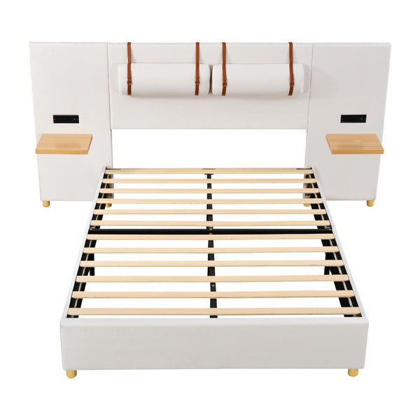 HomeRoots Beige Tufted Upholstered Full Bed Frame with USB Charging, Elegant Design, and Sturdy Support System 590398