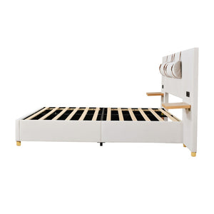HomeRoots Beige Tufted Upholstered Full Bed Frame with USB Charging, Elegant Design, and Sturdy Support System 590398