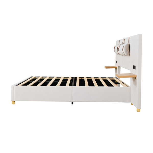 HomeRoots Beige Tufted Upholstered Full Bed Frame with USB Charging, Elegant Design, and Sturdy Support System 590398