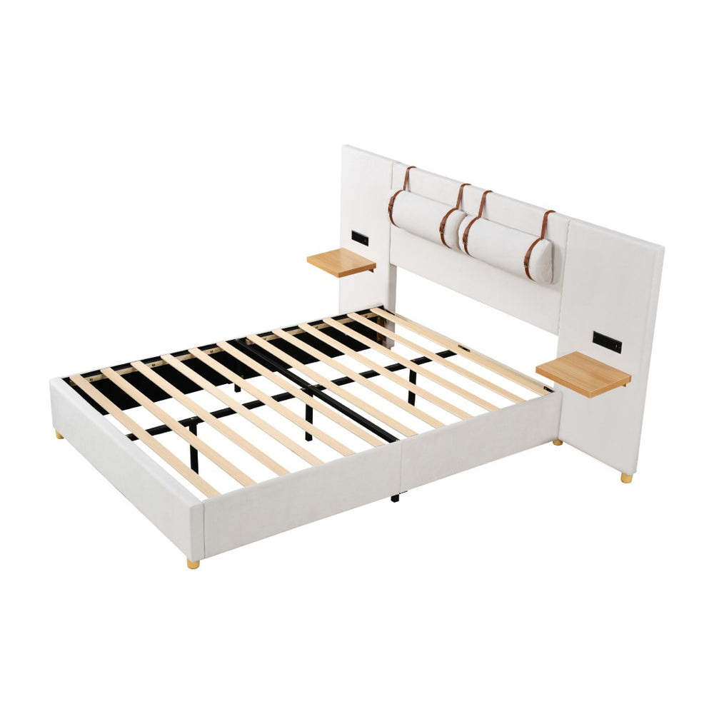 HomeRoots Beige Tufted Upholstered Full Bed Frame with USB Charging, Elegant Design, and Sturdy Support System 590398