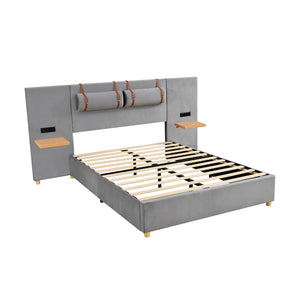 HomeRoots Gray Tufted Upholstered Full Bed Frame with USB Port – Modern Comfort, Stylish Design & Slat Support 590399