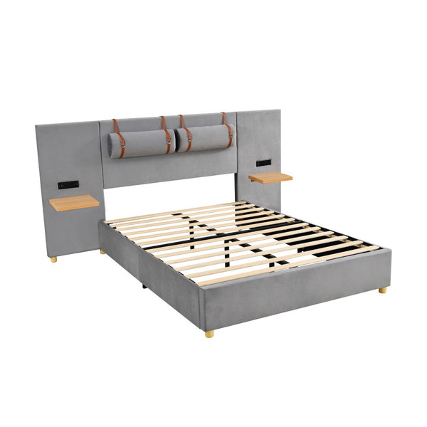 HomeRoots Gray Tufted Upholstered Full Bed Frame with USB Port – Modern Comfort, Stylish Design & Slat Support 590399