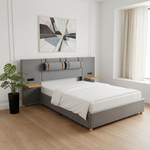 HomeRoots Gray Tufted Upholstered Full Bed Frame with USB Port – Modern Comfort, Stylish Design & Slat Support 590399