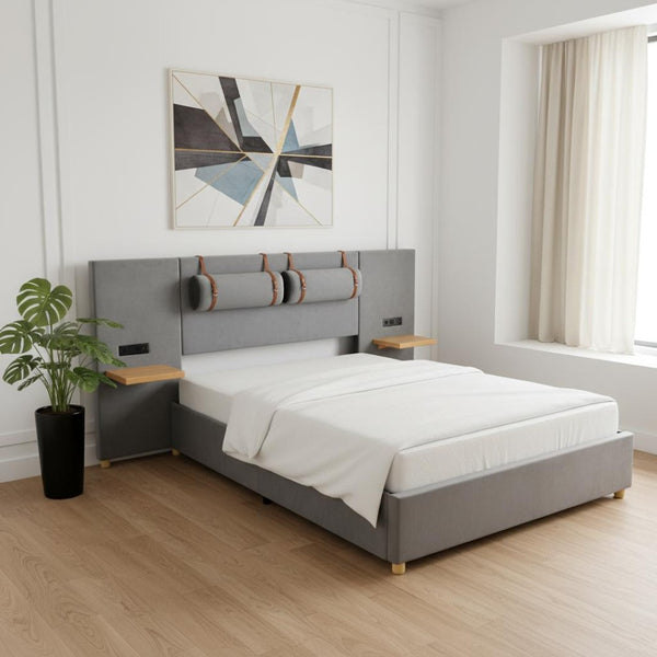 HomeRoots Gray Tufted Upholstered Full Bed Frame with USB Port – Modern Comfort, Stylish Design & Slat Support 590399
