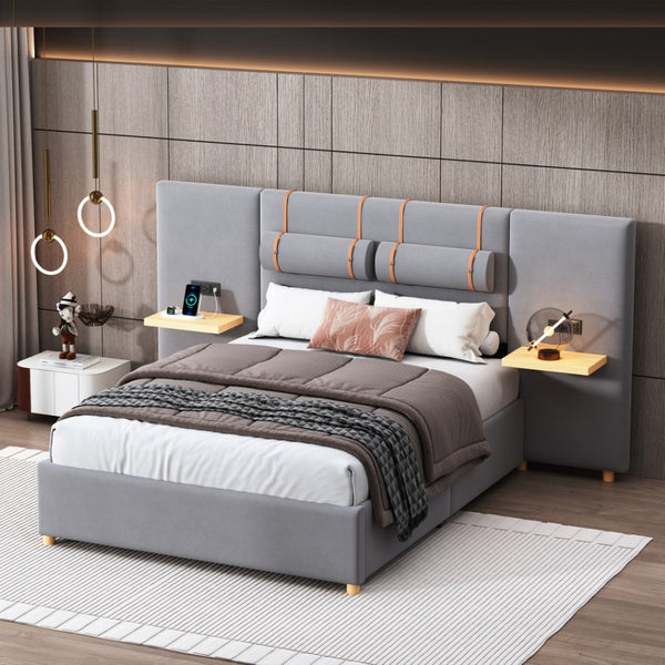 HomeRoots Gray Tufted Upholstered Full Bed Frame with USB Port – Modern Comfort, Stylish Design & Slat Support 590399