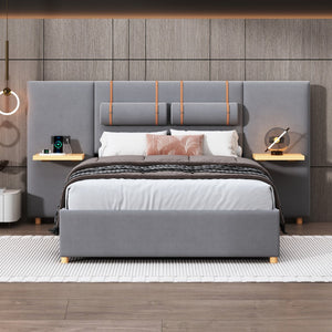 HomeRoots Gray Tufted Upholstered Full Bed Frame with USB Port – Modern Comfort, Stylish Design & Slat Support 590399