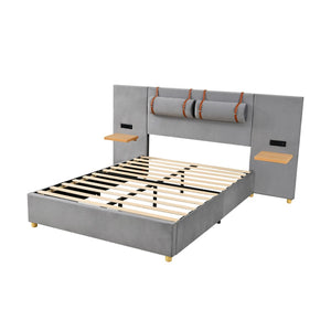 HomeRoots Gray Tufted Upholstered Full Bed Frame with USB Port – Modern Comfort, Stylish Design & Slat Support 590399