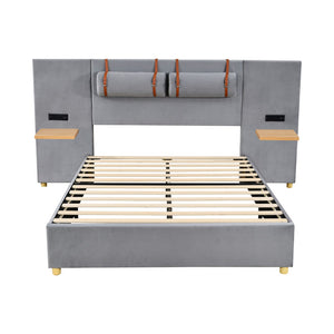HomeRoots Gray Tufted Upholstered Full Bed Frame with USB Port – Modern Comfort, Stylish Design & Slat Support 590399