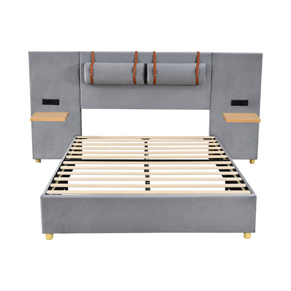 HomeRoots Gray Tufted Upholstered Full Bed Frame with USB Port – Modern Comfort, Stylish Design & Slat Support 590399