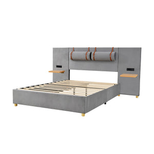 HomeRoots Gray Tufted Upholstered Full Bed Frame with USB Port – Modern Comfort, Stylish Design & Slat Support 590399