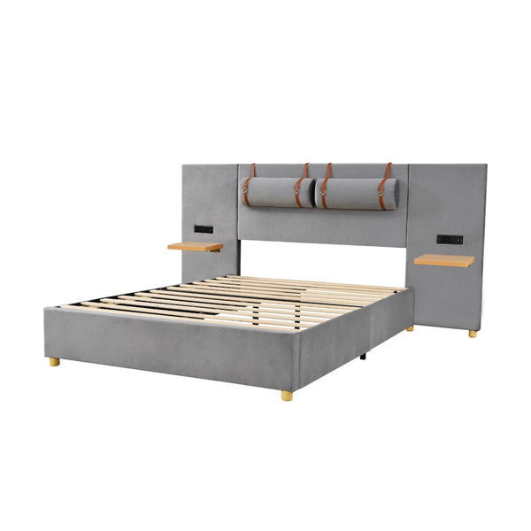 HomeRoots Gray Tufted Upholstered Full Bed Frame with USB Port – Modern Comfort, Stylish Design & Slat Support 590399