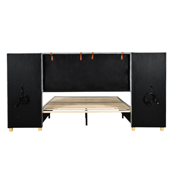 HomeRoots Gray Tufted Upholstered Full Bed Frame with USB Port – Modern Comfort, Stylish Design & Slat Support 590399