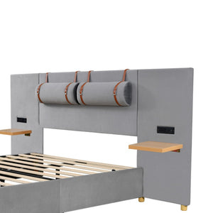HomeRoots Gray Tufted Upholstered Full Bed Frame with USB Port – Modern Comfort, Stylish Design & Slat Support 590399