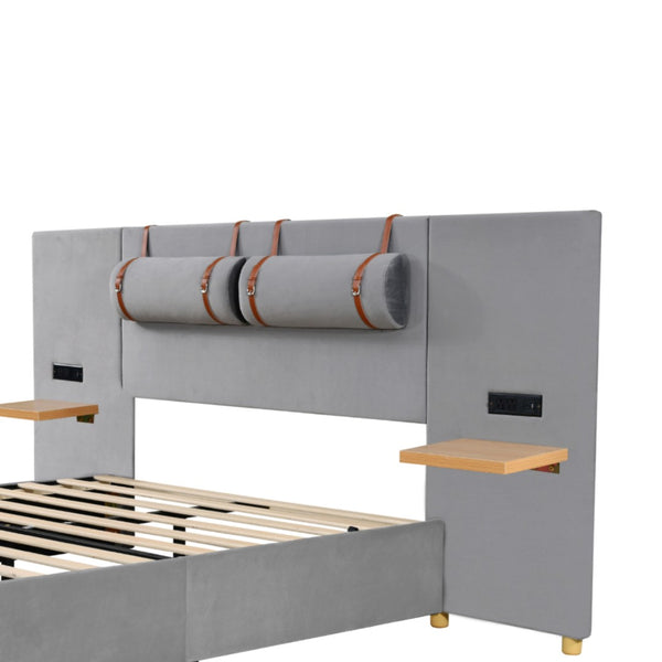 HomeRoots Gray Tufted Upholstered Full Bed Frame with USB Port – Modern Comfort, Stylish Design & Slat Support 590399