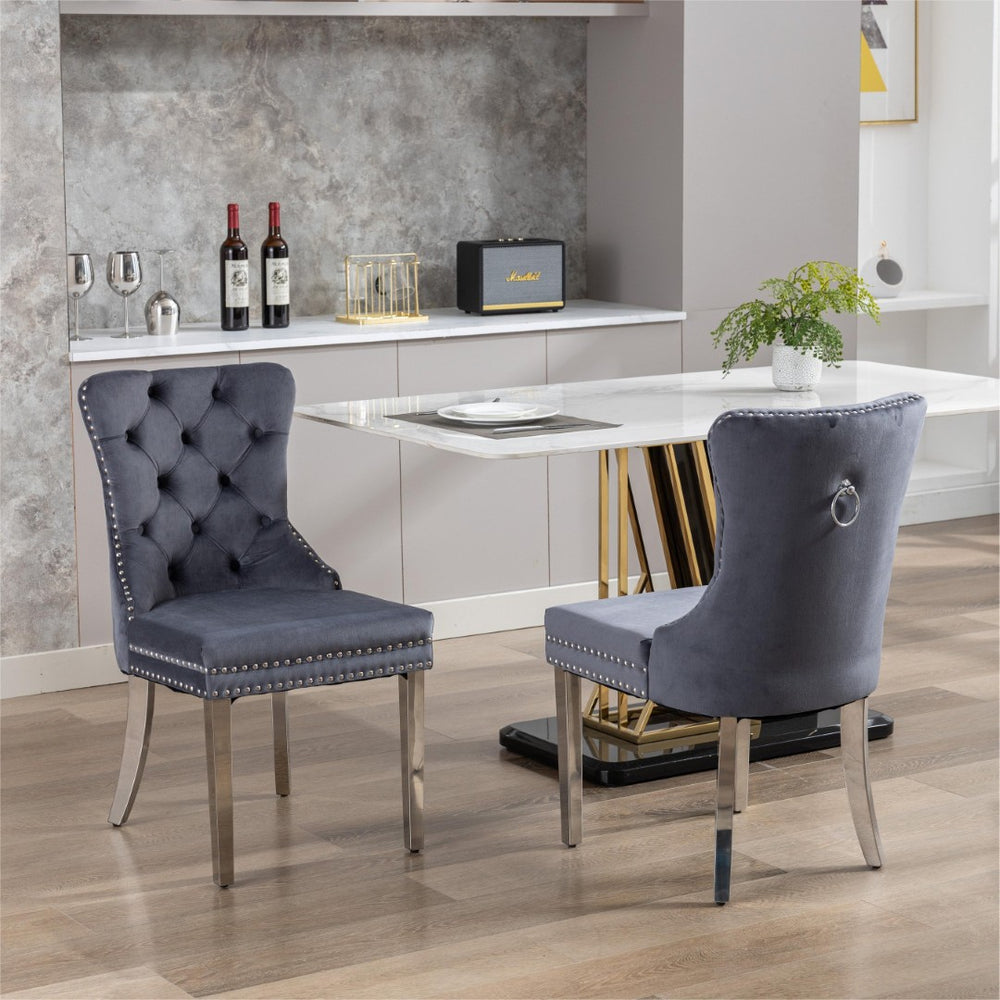 English Elm Hengming Tufted Wingback Velvet Dining Chairs Nailhead Trim Formal Set of 2 Gray W212P465068