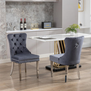 English Elm Hengming Tufted Wingback Velvet Dining Chairs Nailhead Trim Formal Set of 2 Gray W212P465068