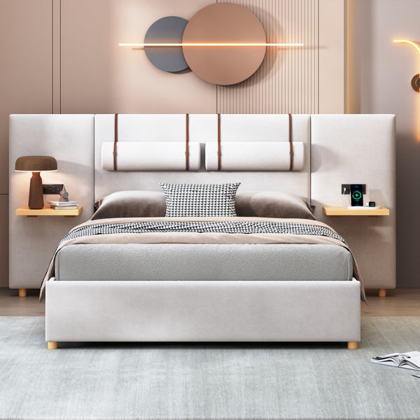 HomeRoots Beige Tufted Upholstered Queen Bed Frame with USB Charging – Modern Comfort & Style for Your Bedroom 590400